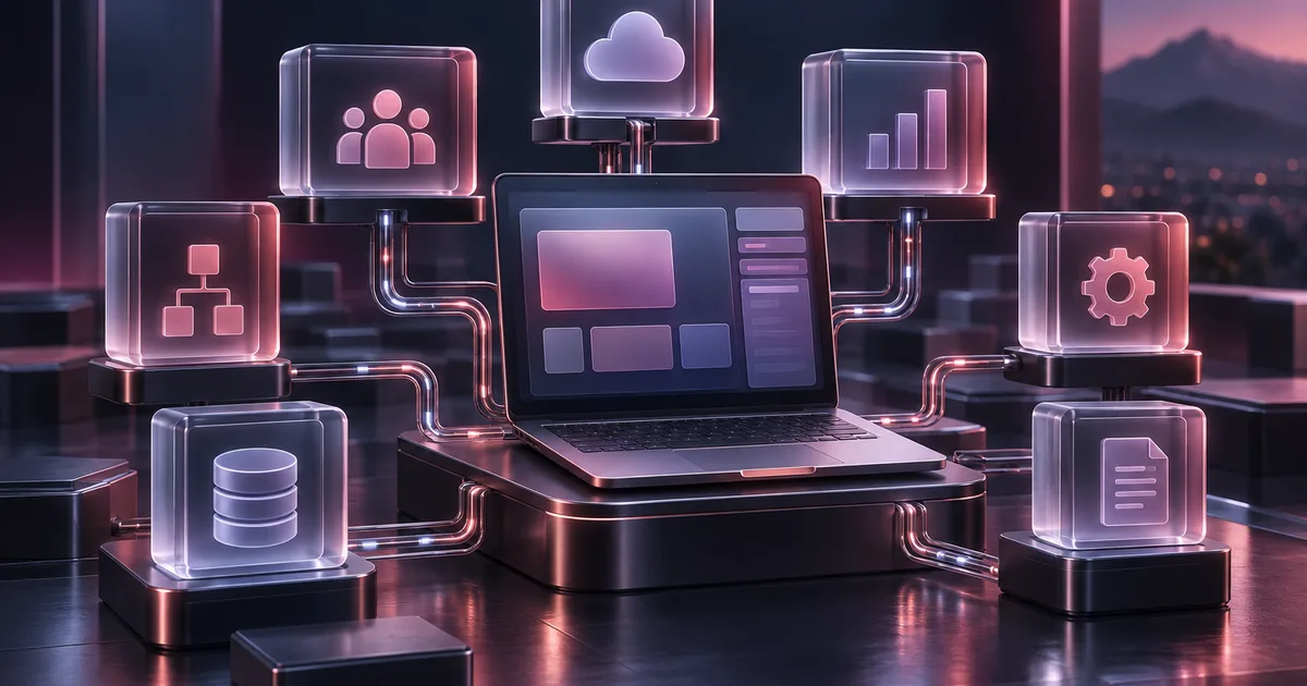 Computadora conectada a módulos de información empresarial