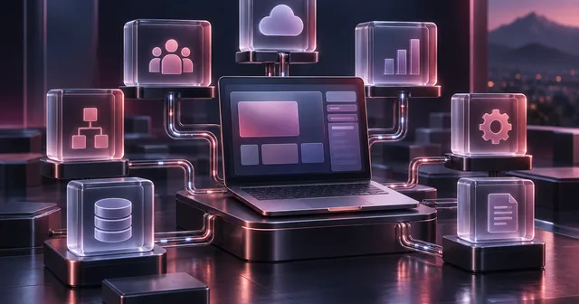 Computadora conectada a módulos de información empresarial
